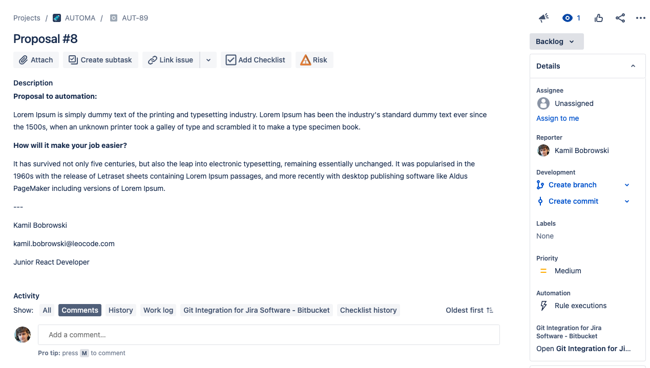 Example Proposal For Jira
